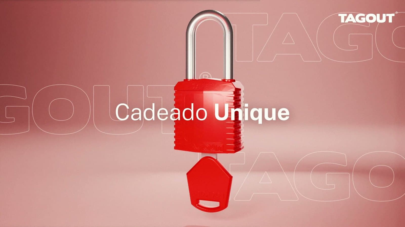 Cadeado vermelho Unique da Tagout em 3D, com a chave logo abaixo, sobre fundo rosado